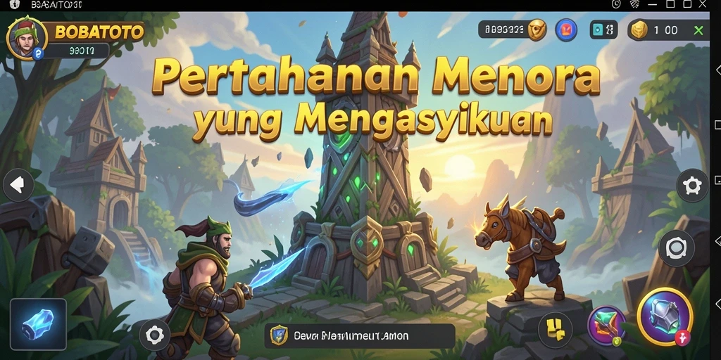 Tampilan gameplay BOBATOTO dengan menara yang strategis dan musuh yang mendebarkan.