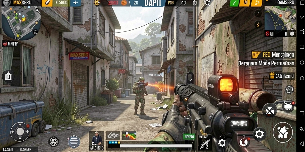 Tangkapan layar gameplay MAXSERU menampilkan pertempuran FPS yang mendebarkan.